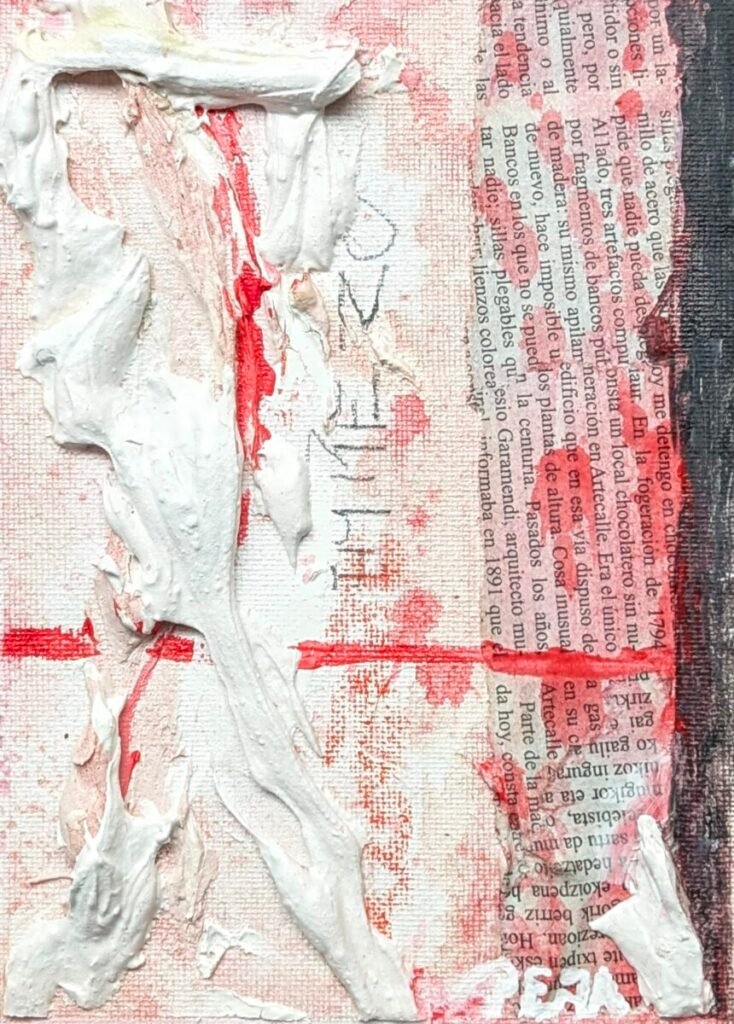 Felipe Peña contemporary art: A mixed-media artwork featuring thick, textured white paint smeared over a canvas with red paint strokes and lines. On the right, theres a collage of newspaper text. The words WHITE ZO are handwritten in pencil in the center. , exclusive contemporary art for New York collectors