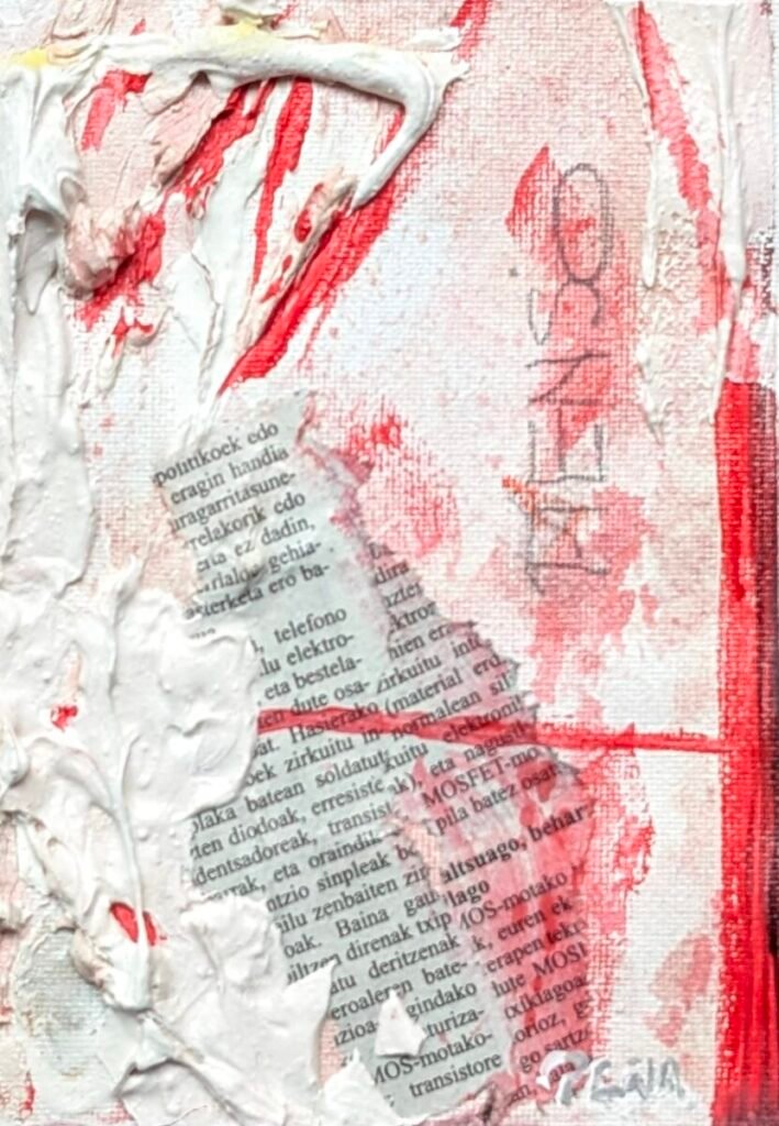 Felipe Peña contemporary art: A textured collage features thick white paint, red streaks, and a section of printed text in a foreign language. The word PHONE is handwritten vertically in red, partially obscured. The composition appears abstract and layered, with rough, uneven surfaces. , exclusive contemporary art for New York collectors