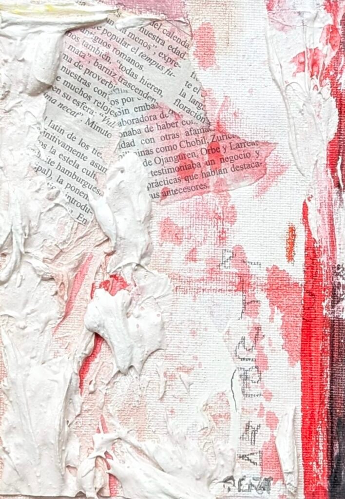Felipe Peña contemporary art: A textured abstract artwork with thick white paint, pieces of Spanish newspaper, and red paint on canvas. The white paint is heavily applied, creating peaks and swirls. Red patches and newspaper fragments are visible, giving a mixed-media effect. , exclusive contemporary art for New York collectors