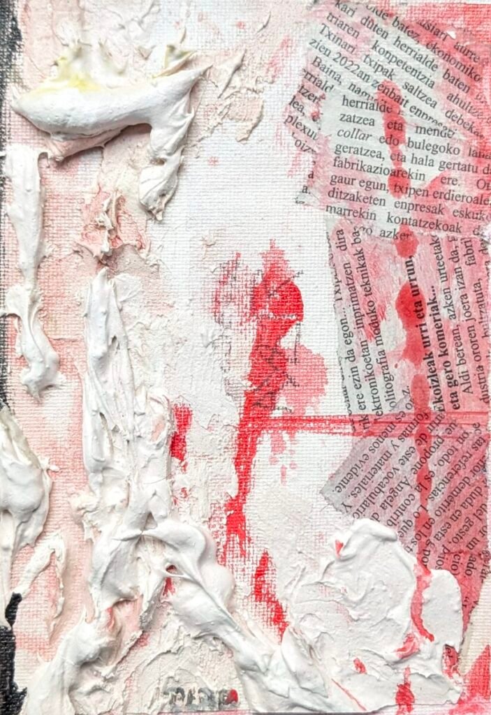 Felipe Peña contemporary art: Mixed media artwork featuring textured white paint smeared heavily across a canvas, with visible red paint splatters. Torn pieces of newspaper with Basque text are collaged onto the canvas, partially covered by thick white brushstrokes and paint. , exclusive contemporary art for New York collectors