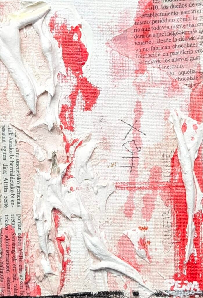 Felipe Peña contemporary art: Mixed-media artwork featuring Spanish text fragments on newspaper, bold red paint strokes, and thick, textured white acrylic smears on canvas. Scribbled black lines appear in the center amid the abstract, layered composition. , exclusive contemporary art for New York collectors