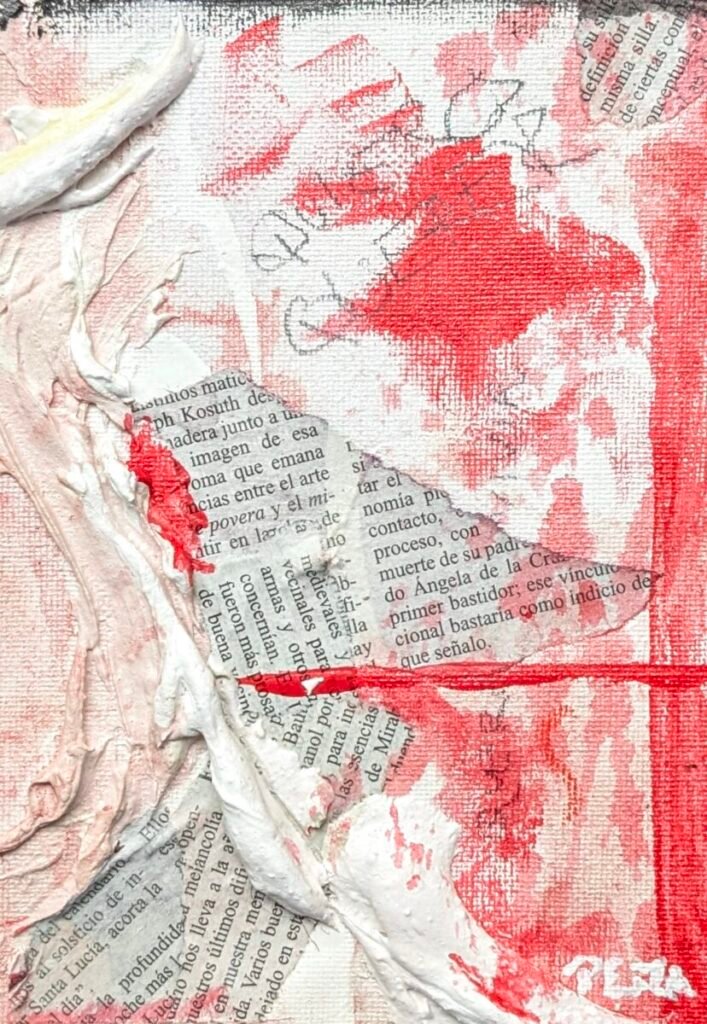 Felipe Peña contemporary art: Mixed media artwork featuring torn pieces of Spanish newspaper on a textured canvas. Thick white paint is smeared across the left side, while vivid red paint is splattered and brushed across the surface, creating an abstract and layered effect. , exclusive contemporary art for New York collectors