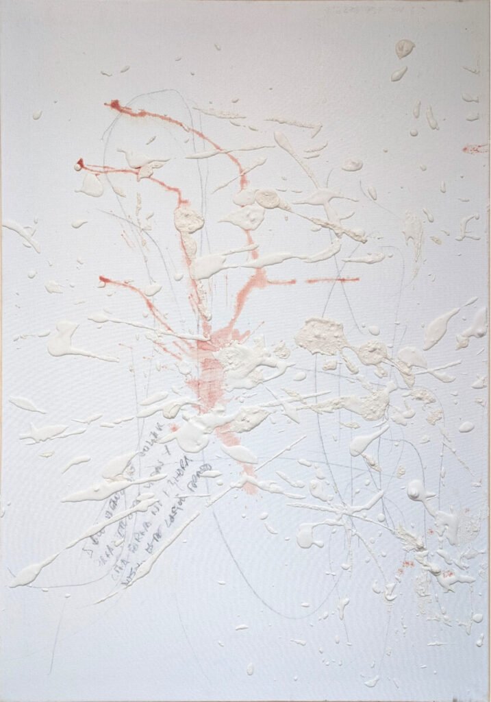 Felipe Peña contemporary art: A white canvas with scattered splatters of white, textured paint and thin, pale gray lines. Faint streaks and splashes of light red appear near the center. Scribbled words in gray pencil are partially visible among the abstract marks and textures. , exclusive contemporary art for New York collectors