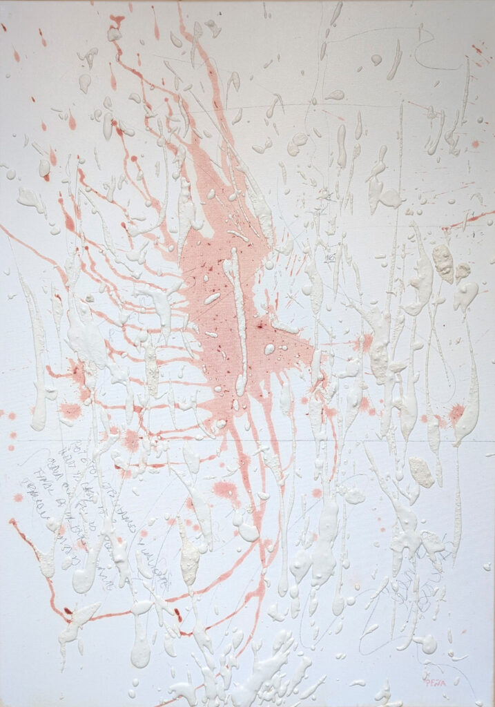 Felipe Peña contemporary art: An abstract painting featuring splatters and drips of white and light pink paint on a white canvas. Pink stains radiate from the center, while textured, thick white paint creates raised lines and blobs. Faint, handwritten text is visible in a few areas. , exclusive contemporary art for New York collectors
