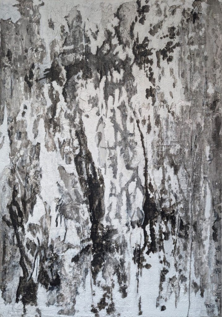 Felipe Peña contemporary art: Abstract black and gray painting with a textured surface. Various overlapping, irregular shapes and lines form an organic, almost tree-like pattern. Light and dark areas create depth, with no distinct figures or objects, giving a sense of movement and complexity. , exclusive contemporary art for New York collectors