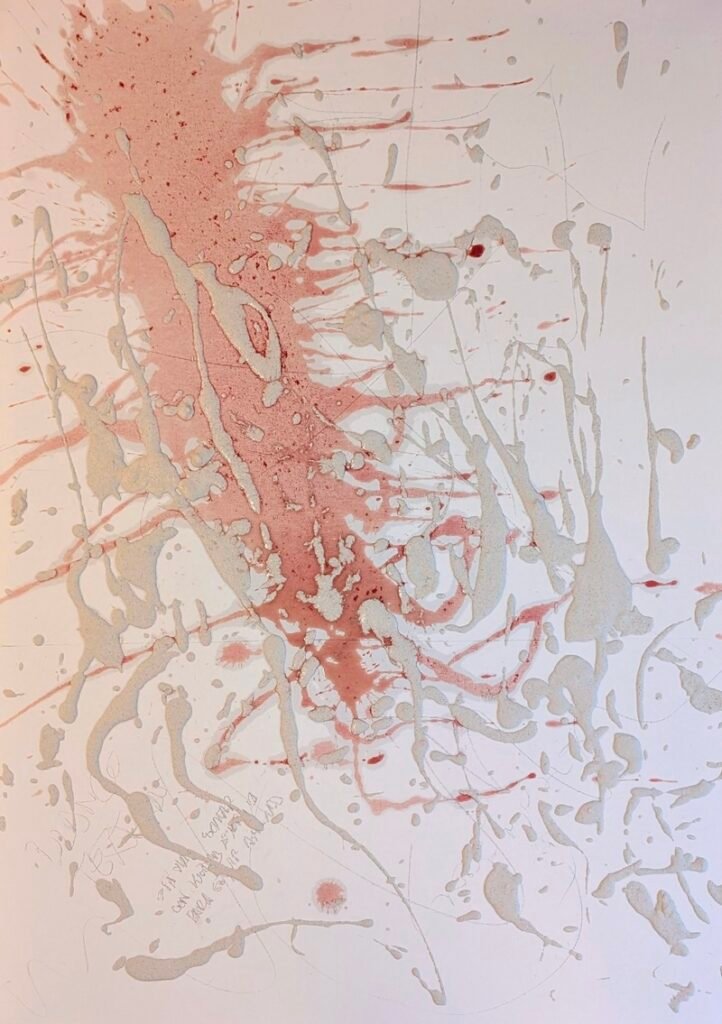 Felipe Peña contemporary art: Abstract artwork featuring splatters and streaks of red and gray paint on a white background. The red paint appears concentrated in the upper left, spreading outward in dynamic, energetic lines, while gray drips and splashes are scattered throughout. , exclusive contemporary art for New York collectors