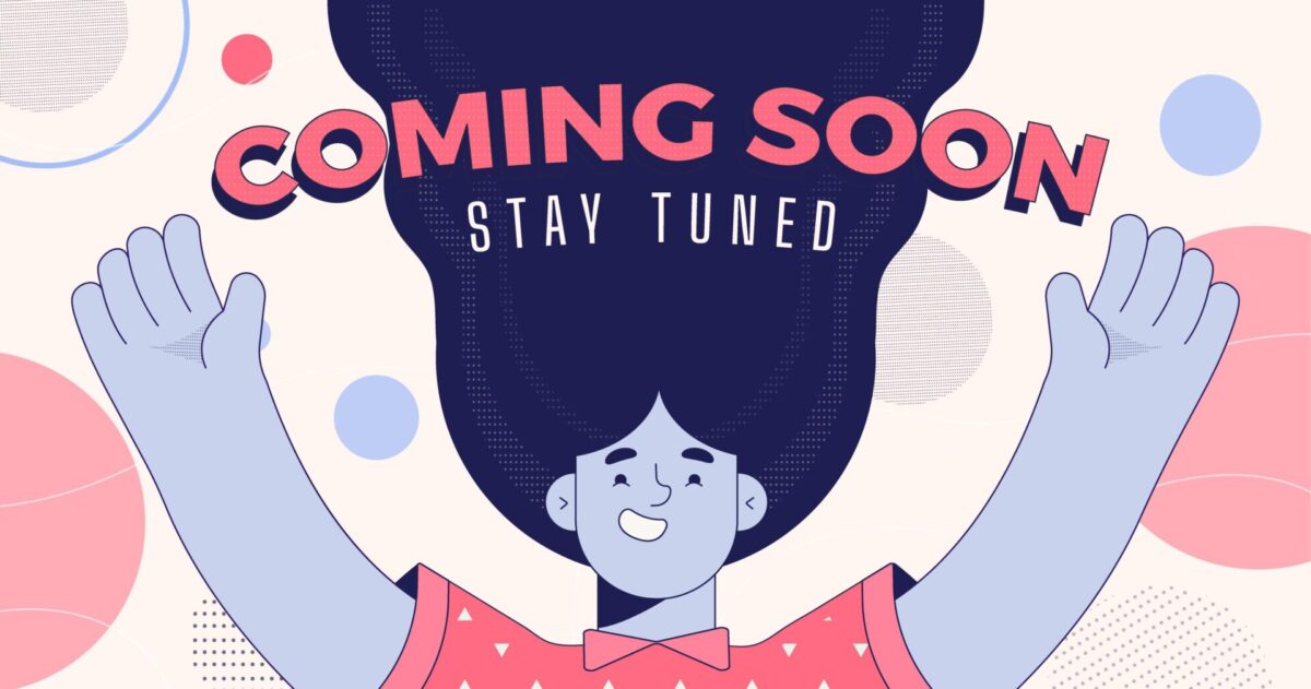 Felipe Peña contemporary art: Illustration of a smiling person with long dark hair and raised arms, wearing a red patterned shirt. Above, bold text reads COMING SOON with STAY TUNED underneath. The background features abstract shapes in pink, blue, and beige. , exclusive contemporary art for New York collectors