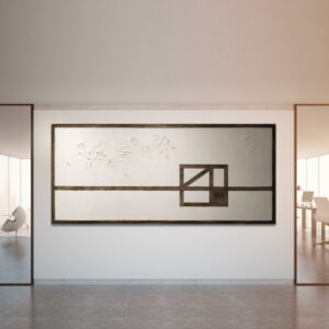 Felipe Peña contemporary art: A minimalist office hallway with gray tile floors, glass partitions, and "Forged object"—a large abstract artwork of embossed shapes and bold black geometric lines on white, black-framed—centered on the wall. , exclusive contemporary art for New York collectors