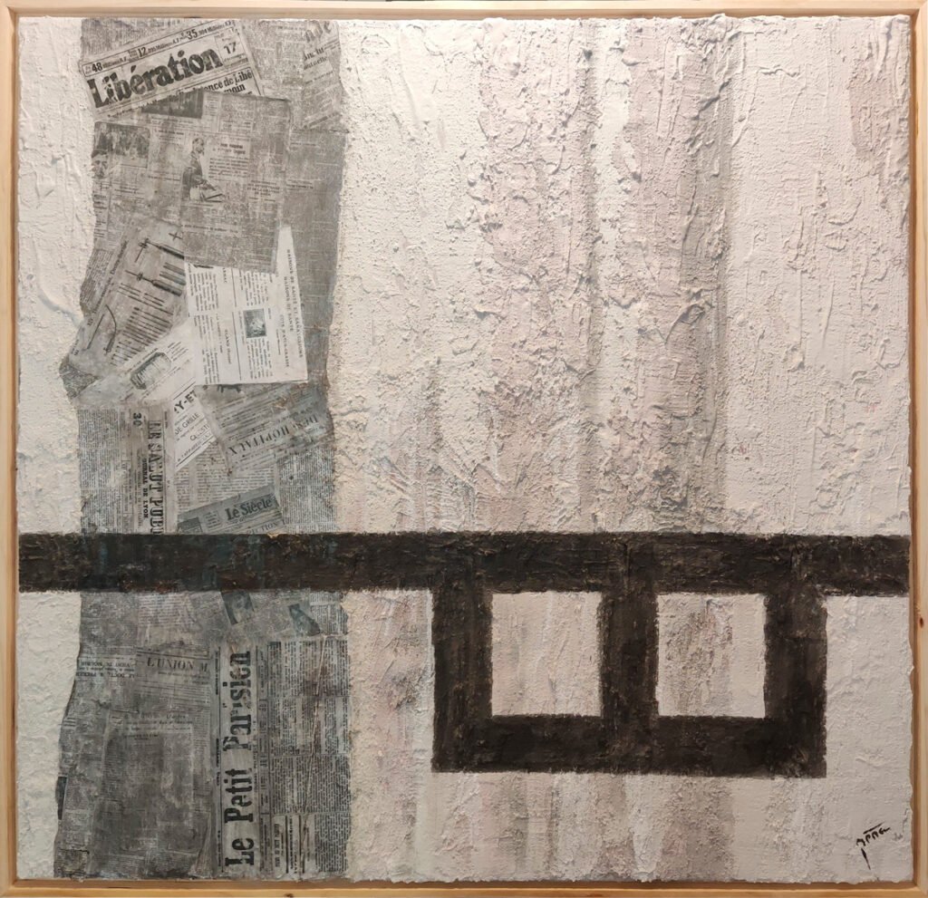 Felipe Peña contemporary art: GLASS is a textured abstract painting with a vertical collage of French newspapers on the left, crossed by thick dark bars forming two squares. The rough white and pale gray background features the artist’s signature at the bottom right. , exclusive contemporary art for New York collectors