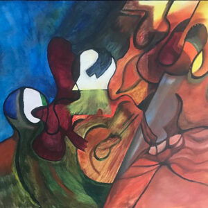 Felipe Peña contemporary art: Instinct is an abstract painting split diagonally: the left side has cool blues and greens with swirling shapes and faceless figures, while the right shows warm reds, oranges, yellows, and dynamic lines for dramatic contrast. , exclusive contemporary art for New York collectors