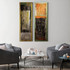 Felipe Peña contemporary art: Two gray Organic anxiety armchairs with pink pillows face each other in a modern living room. Between them, a marble coffee table with teacups sits on a patterned rug. Two colorful abstract paintings and a plant decorate the space. , exclusive contemporary art for New York collectors