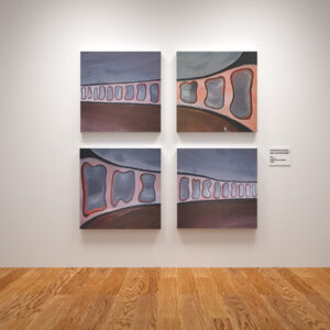 Felipe Peña contemporary art: Four abstract paintings titled "The train of life" are arranged in a square on a white gallery wall above a wood floor. Each features curved shapes and rectangles in gray, purple, and brown with orange-red outlines. A wall placard is nearby. , exclusive contemporary art for New York collectors