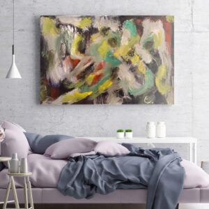 Felipe Peña contemporary art: A modern bedroom features the "Tonight I do not sleep" artwork with green, yellow, and red tones on a gray concrete wall above a white console table with plants, near a pale purple bed, gray blanket, pink pillows, and a side table with pink flowers. , exclusive contemporary art for New York collectors