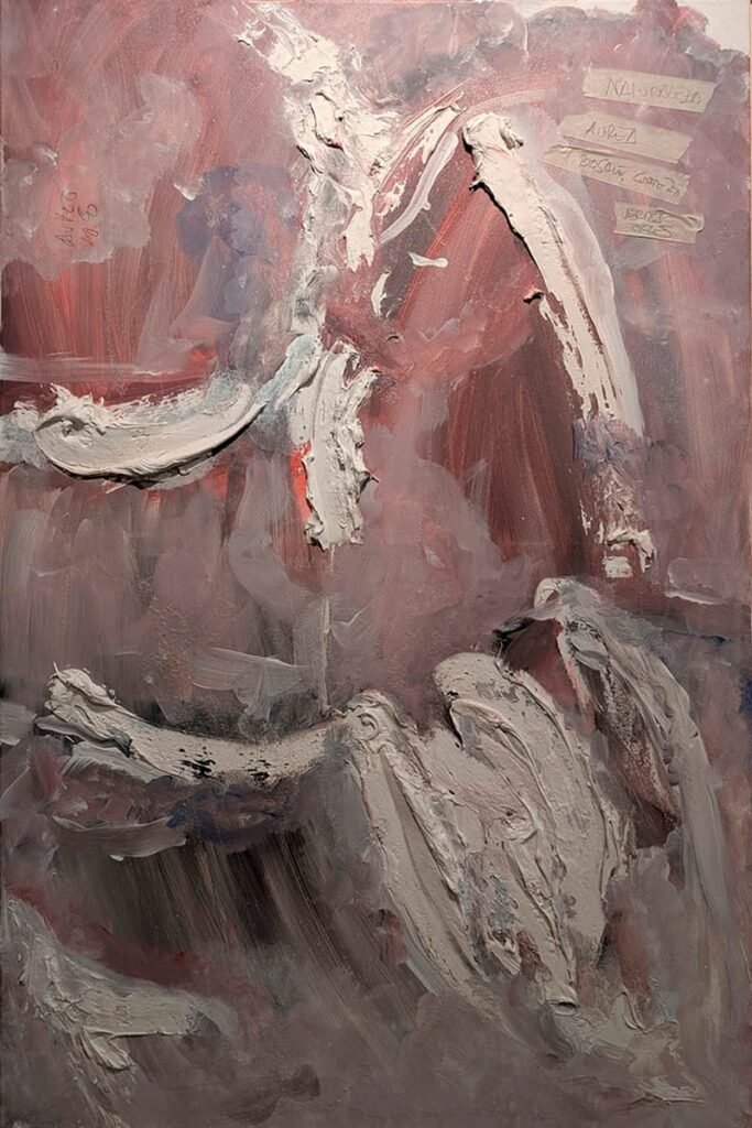 Dynamic abstract artwork with deep red and natural pigments. Emotional fine art for private collections and high-end home staging in NYC.