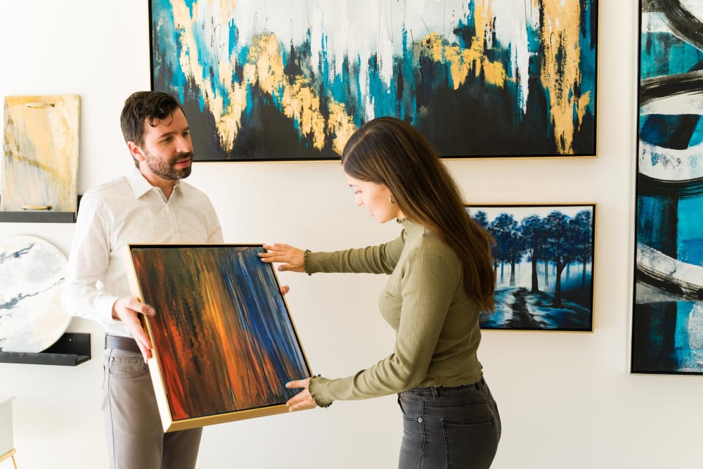 Exhibition view of Felipe Peña's abstract paintings in a professional gallery setting. Contemporary art inspiration for NYC art advisors.